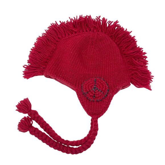 Nirvanna Designs Wool Hat Handmade in Nepal Mohawk Red Stitched Peace Sign - Picture 2 of 4